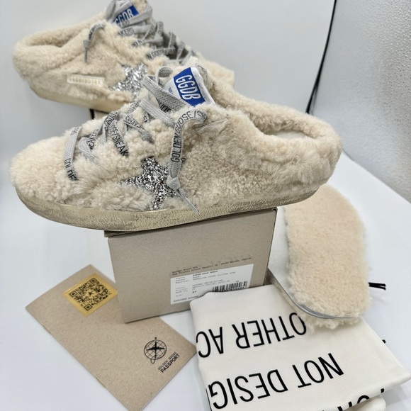 NWT Golden Goose Superstar Sabot Shearling Glitter Sneaker Mule Natural / Silver - Picture 3 of 16